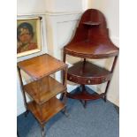 A George III inlaid mahogany corner washstand with central drawer 65cm and a three tier whatnot (a/