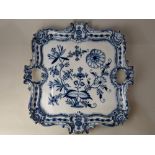 A large Meissen blue and white porcelain onion pattern shaped square tray, 41cm by 40cm