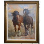 Rosemary Sarah Welch (b. 1946), two horses with feathered legs, oil on canvas, signed, 50cm by