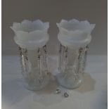 A pair of milk glass table lustres with clear glass spear drops on baluster stems (a/f) 28cm