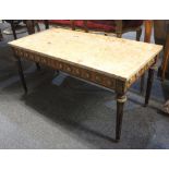 A Louis XVI style gilt metal mounted coffee table with rectangular marble top above an inlaid frieze