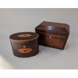 A 19th century rosewood cross banded tea caddy, with hinged lid enclosing two compartments, 18.