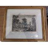 After William Kent (1685-1748), a framed engraving of figures dancing in a landscape, 'Malbecco