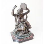 A 19th century bronze figure group of a woman holding tambourine beside a child, on marble base,