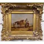 Manner of E R Smythe, beach scene with a group of shrimpers beside two horses, oil on board,