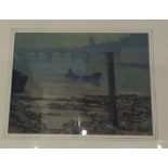 Gunn, view of a boat on the Thames from the shore, distant bridge, oil, signed, 28cm by 37cm