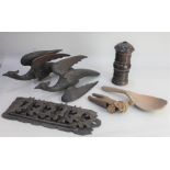 A turned wood spice mill possibly laburnum, 17cm a pair of carved wood exotic bird mounts (one