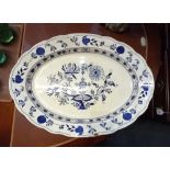 A Victorian large blue and white ceramic serving plate decorated with Onion pattern, (af) 58cm