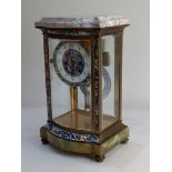 A French cloisonne and brass mantle clock with bevelled glass panels, the movement striking on a