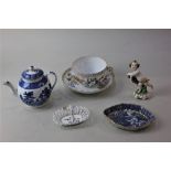 A small blue and white porcelain teapot possibly by Worcester, (a/f lid repaired) a Dresden tea