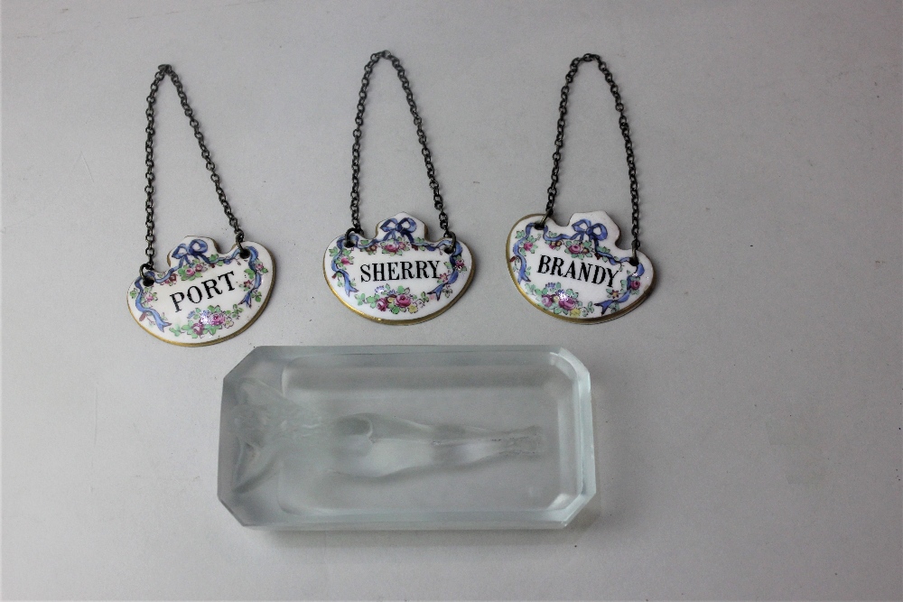 Three Crown Staffordshire ceramic decanter labels for Port, Sherry and Brandy and a frosted glass