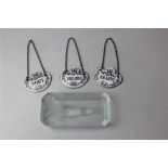 Three Crown Staffordshire ceramic decanter labels for Port, Sherry and Brandy and a frosted glass