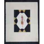 After Romain de Tirtoff Erte, lady wearing a gold tasseled dress, print, signed in pencil, 70cm by