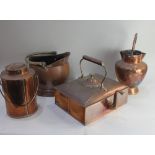 A Victorian large square copper kettle, together with a copper churn, jug