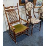 A late 19th century / early 20th century rocking chair with bead and spindle slatted back and