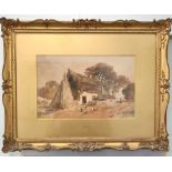 Attributed to Peter de Wint, old cottages, watercolour, inscribed mount and T Richardson gallery