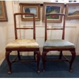 A pair of 19th century bar back dining chairs, plain open backs with turned bar, drop in upholstered