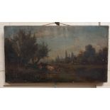 19th century school, rural landscape with cattle watering, oil on canvas, unsigned, 25.5cm by