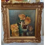 Lady Freda Blois (1880-1963), still life of yellow roses, oil on board, signed, verso paper labels