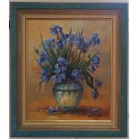Lee Yong Woo, still life of blue iris, oil on canvas, signed, 53cm by 45cm