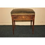 A Victorian inlaid rosewood piano stool by Shoolbred and Co. upholstered rectangular seat with