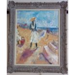 Ross Foster (20th/21st century), beach scene with girl holding an umbrella, oil on canvas, signed,