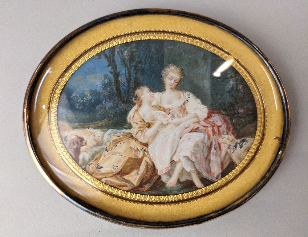 French school, an 18th century miniature of two ladies resting in each others arms with a dove,