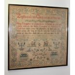 A framed needlework sampler with a passage of Biblical text, 'Zephaniah III Chap. 14 15 16