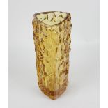 A Whitefriars amber glass vase, of tall triangular form, with tree bark textured ground, 22.5cm