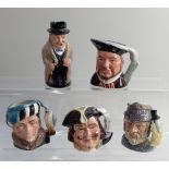Four Royal Doulton small character jugs Henry VIII D6647, The Falconer D6540, Capt Henry Morgan