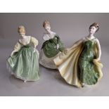 Three Royal Doulton porcelain figures of ladies dressed in green and yellow gowns; Fair Lady,