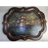 A Victorian paper mache tray decorated with sailing ships, 79cm (a/f)