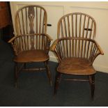 Two Windsor chairs with spindle backs and elm seats, one with pierced back splat