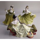 Three Royal Doulton porcelain figures of ladies, one reclining on a chaise longue, comprising At