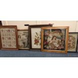 A collection of five framed Victorian and later woolwork pictures, to include a wool and beadwork