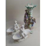 A Berlin chinoiserie porcelain table lamp base in the form of a palm with a female figure and