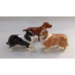 Three Beswick models of dogs; a Border Collie, a black and white sheep dog and a red setter, tallest