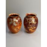 A pair of Royal Worcester Sabrina Ware vases mottled copper glaze with gilt floral decoration by