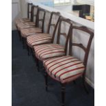 A set of six Victorian dining chairs with carved bar backs, stuff over red striped seats on fluted