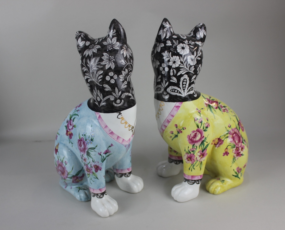 A pair of Mottahedeh authorized reproduction Galle cats, The Royal Pavillion Brighton, with floral - Image 2 of 2