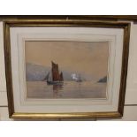 D Gould Green (1854-1918) sailing barge and ship in river estuary, watercolour, signed, J Morton Lee