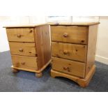 Two pine bedside tables each with three drawers, one with bracket base, the other on bun feet, 44cm