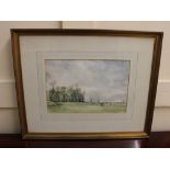 C J Thornton, landscape view across a field with grazing cattle, watercolour, signed, paper labels