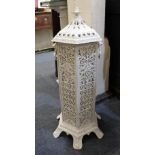 A white painted metal brazier / stick stand hexagonal pierced form with two handles and cover, 8cm