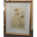 After Raymond Hughes, costume design depicting a lady in a yellow gown with notations 'Robe a la