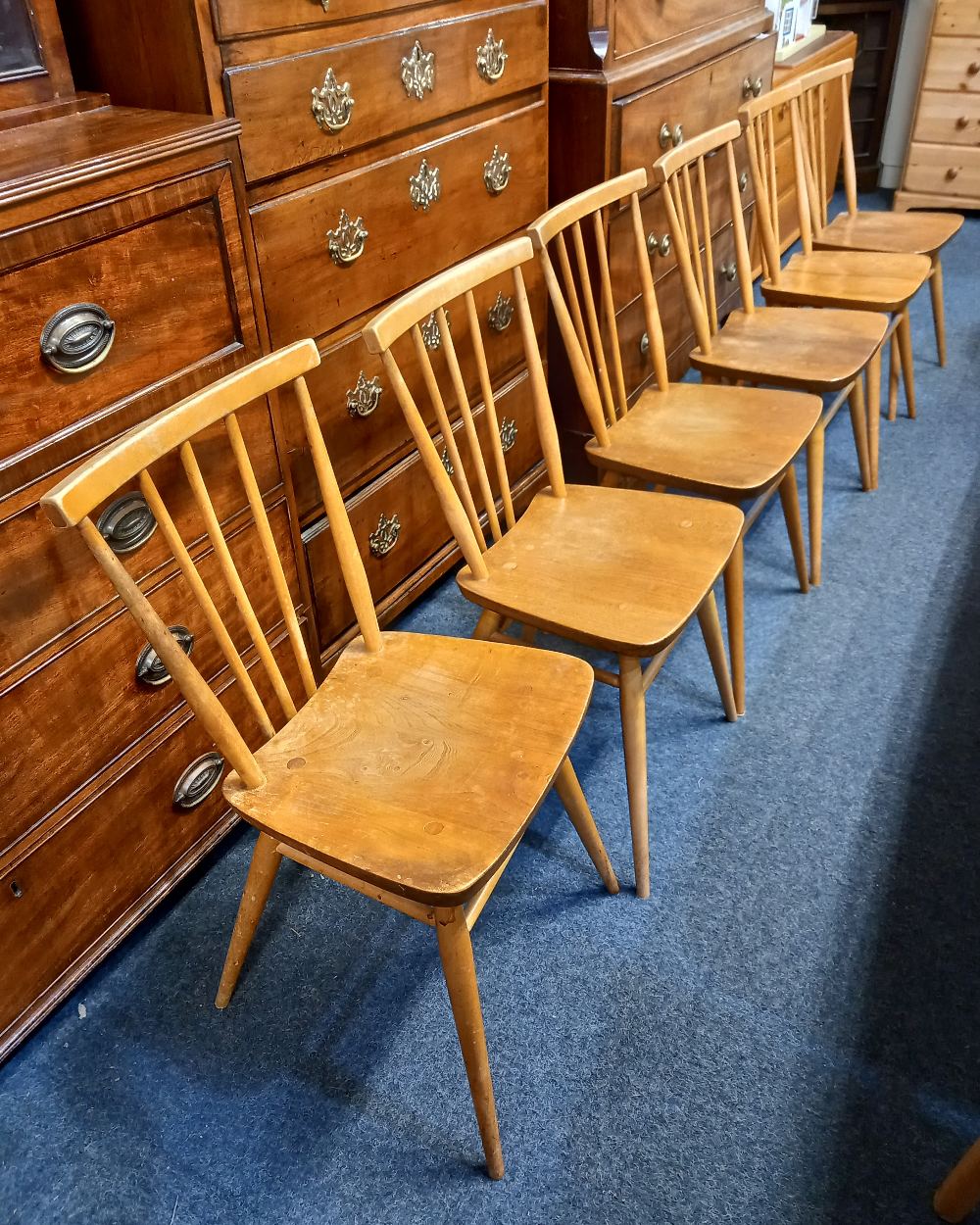 A set of six Ercol light elm dining chairs with spindle backs and solid seats and sloping legs