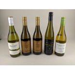 Five bottles of New Zealand white wine comprising Wairau Cove 2015 Sauvignon Blanc, Spy Valley