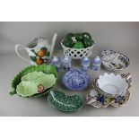 An Italian porcelain model of a basket filled with avocados and apples, a set of four Spode Blue