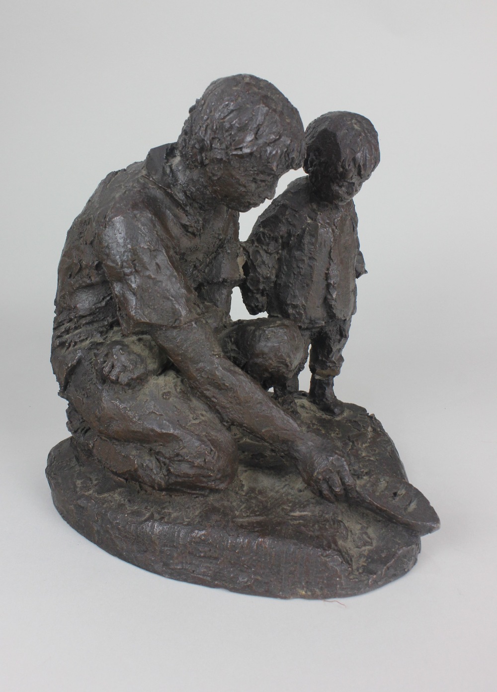 Karin Jonzen RBA (1914-1998), 'Father and Son', figure kneeling with a toy boat beside a child, a