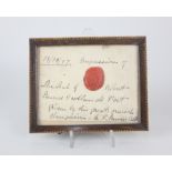 Robert Burns interest, a framed wax impression of Robert Burns's seal on paper with ink